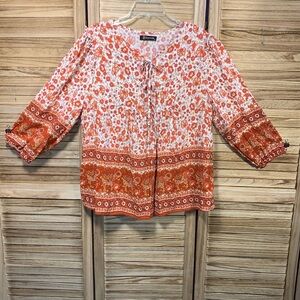 Kaywide Floral Tie V-Neck Loose Fit L/S Lace-up Boho Blouse Tops Shirt XL